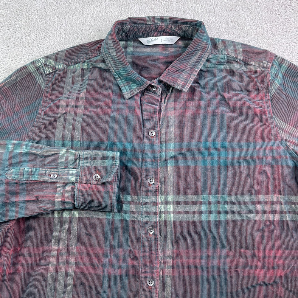 Woolrich Shirt Womens Large Burgundy Blue Plaid Corduroy Long Sleeve Button Up